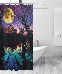 Lake Moonlight Stars Night Sky Trees Purple Shower Curtain - Contemporary Bathroom Decor