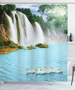 Lake and Swans Nature Print Waterfall Shower Curtain for Bathroom Decor 