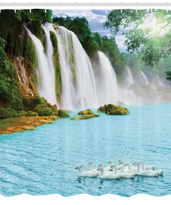 Lake and Swans Nature Print Waterfall Shower Curtain for Bathroom Decor 