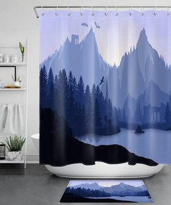 Lakeside Forest Shower Curtain with Mountains, Dragons, and Moose Designs for a Nature-Inspired Bathroom