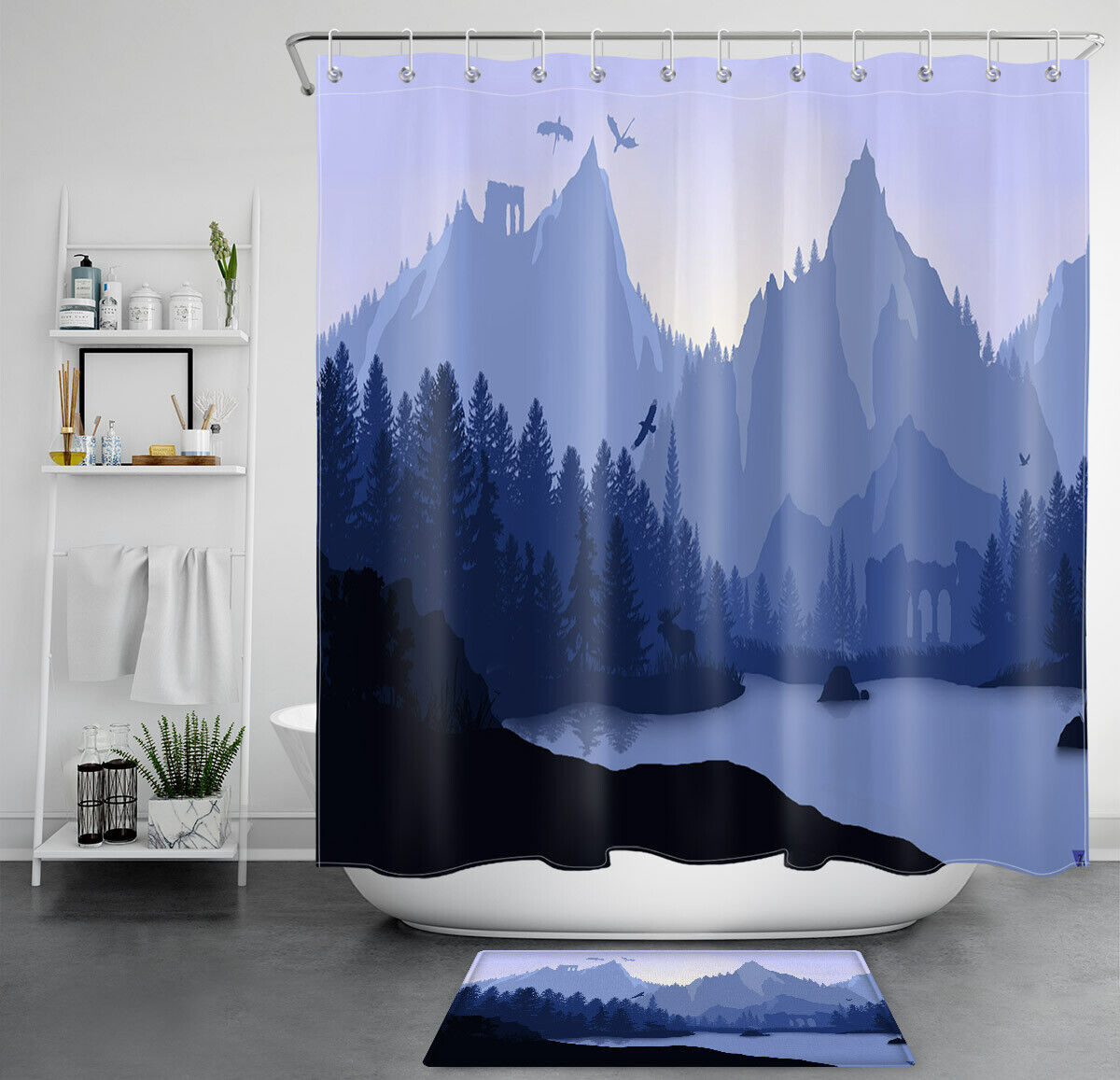 Lakeside Forest Shower Curtain with Mountains, Dragons, and Moose Designs for a Nature-Inspired Bathroom