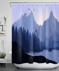 Lakeside Forest Shower Curtain with Mountains, Dragons, and Moose Designs for a Nature-Inspired Bathroom