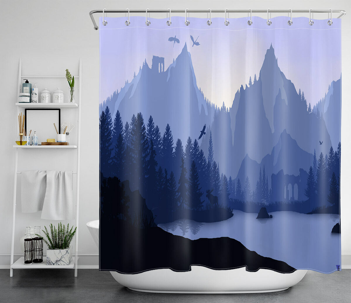 Lakeside Forest Shower Curtain with Mountains, Dragons, and Moose Designs for a Nature-Inspired Bathroom