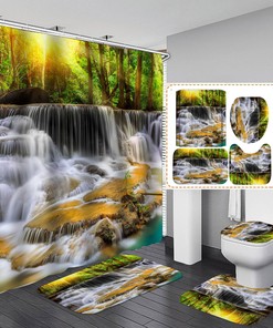 Landscape Forest Waterfall Waterproof Shower Curtain Set - Forest Waterfall Landscapes