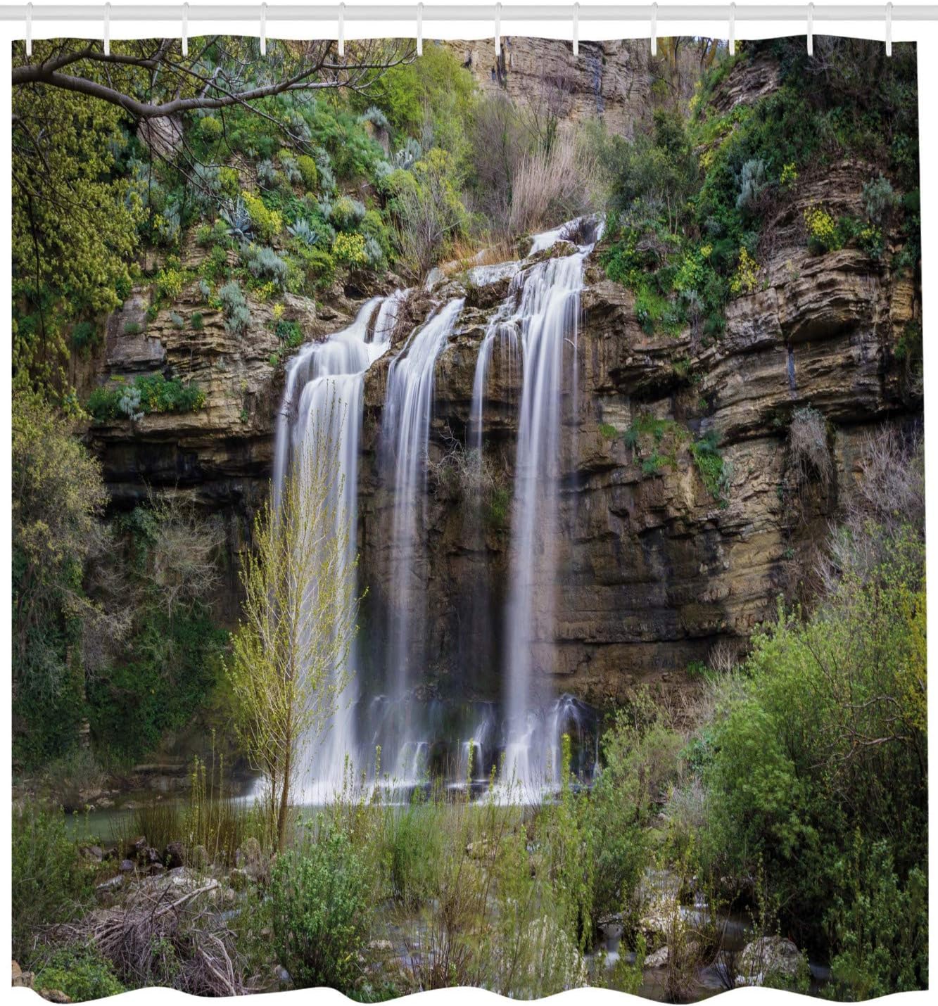 Landscape Photo Of Waterfall Forest Jungle Corleone Sicily Rocks Trees Grass Nature Shower Curtain - Image 2