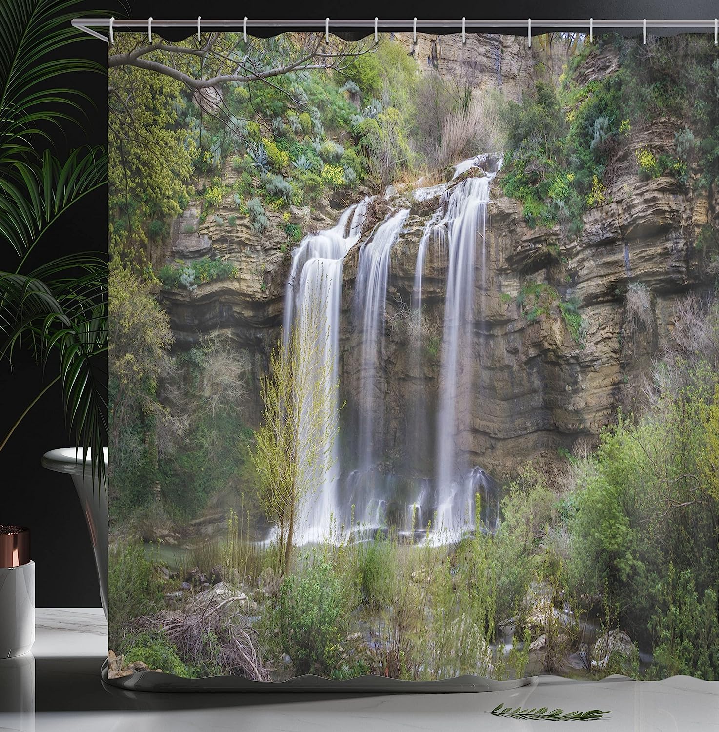 Landscape Photo Of Waterfall Forest Jungle Corleone Sicily Rocks Trees Grass Nature Shower Curtain - Image 3