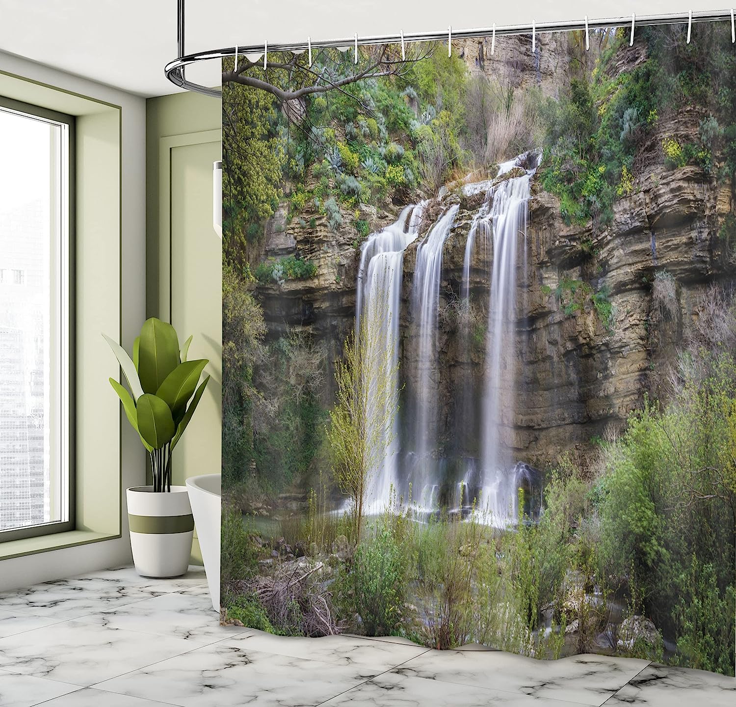 Landscape Photo Of Waterfall Forest Jungle Corleone Sicily Rocks Trees Grass Nature Shower Curtain - Image 4