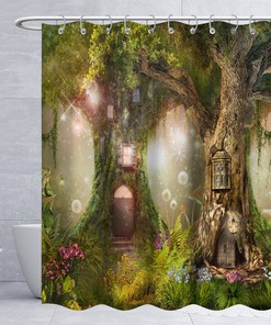 Lanterns And Large Tree Shower Curtain - Fairy Tales Forest - Waterproof 