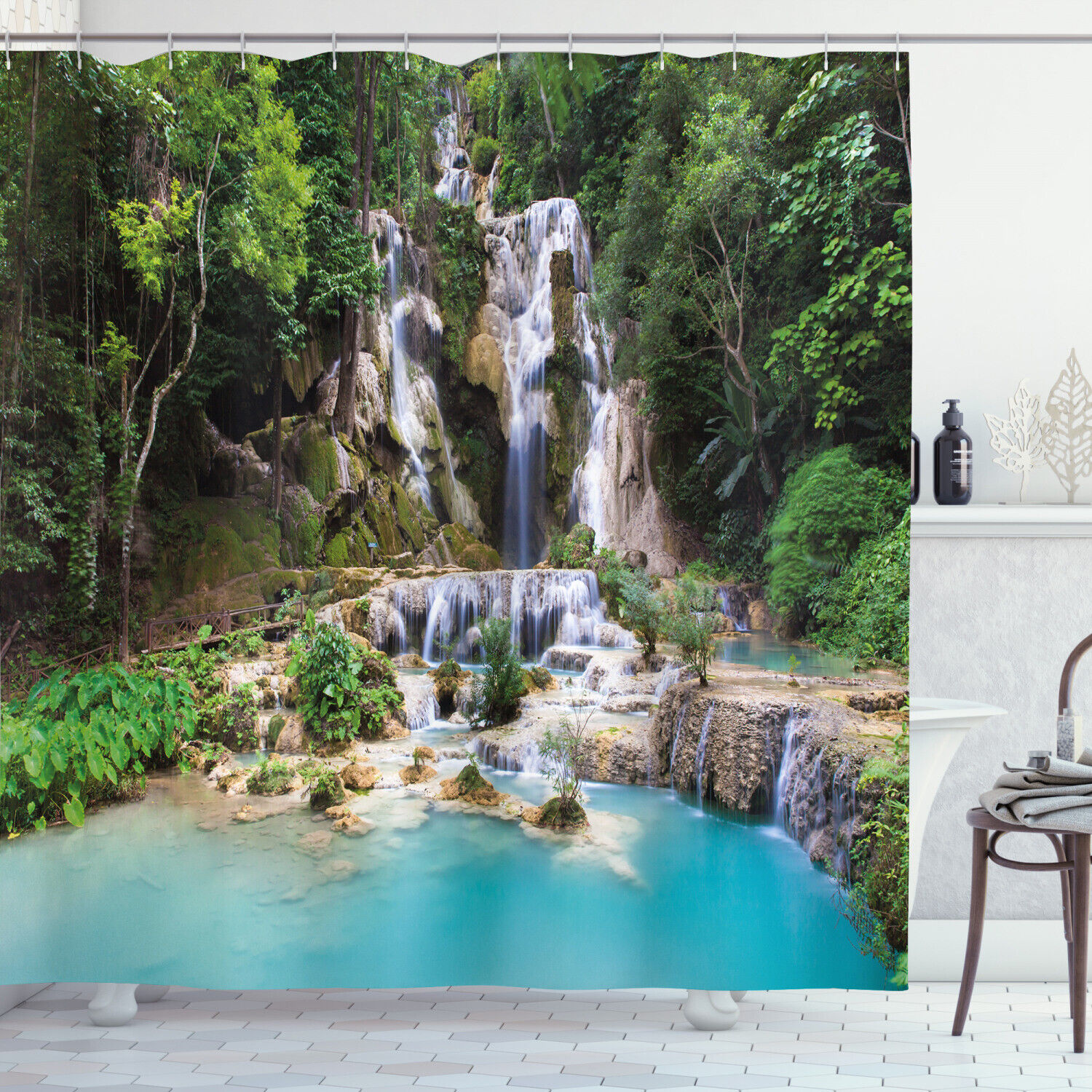 Laos Vietnamese Lake Print Waterfall Shower Curtain for Bathroom Decor
