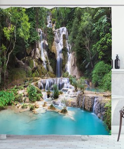 Laos Vietnamese Lake Print Waterfall Shower Curtain for Bathroom Decor