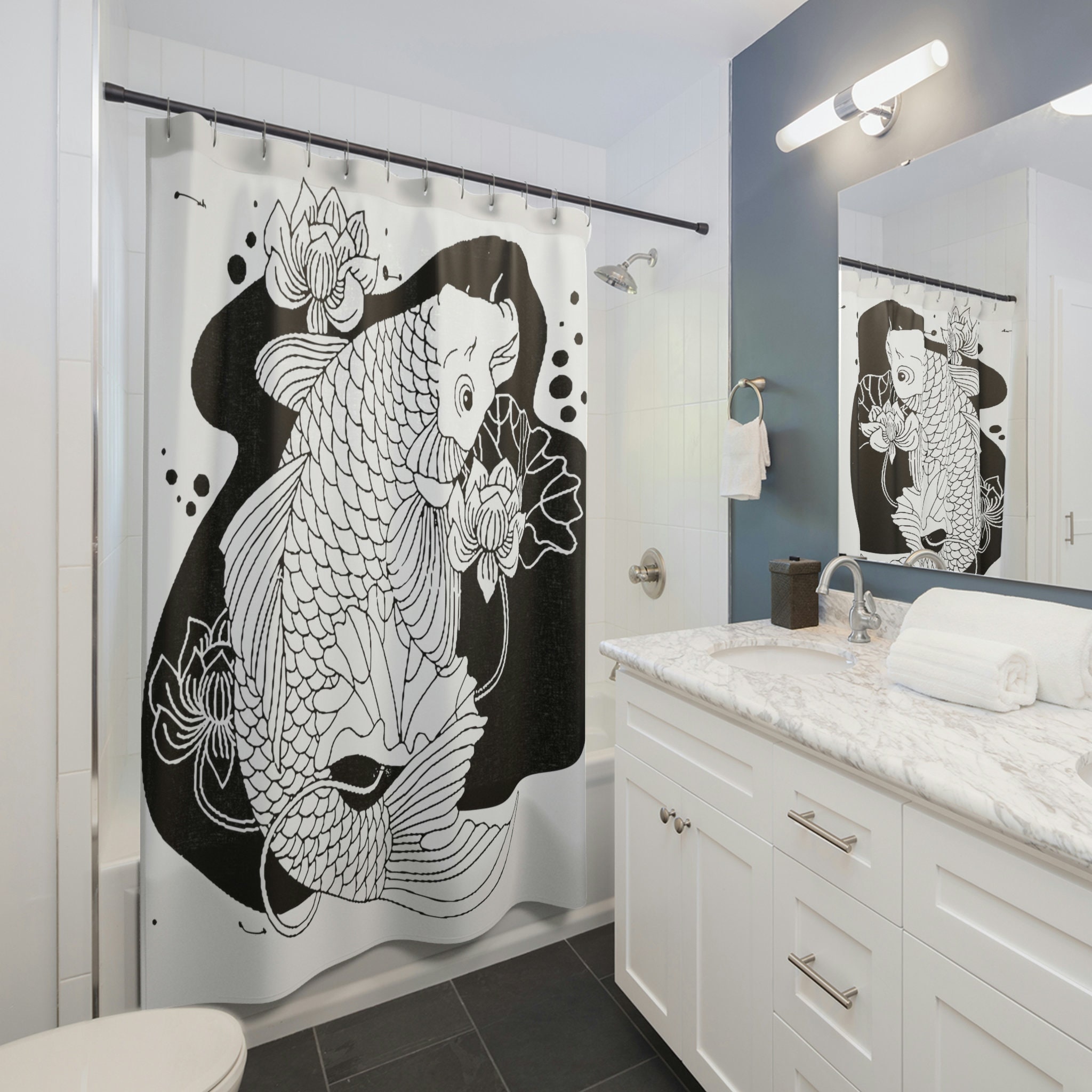 Large Coi Fish Shower Curtain In Black And White, A Unique And Memorable Wedding Gift For Couples - Image 2