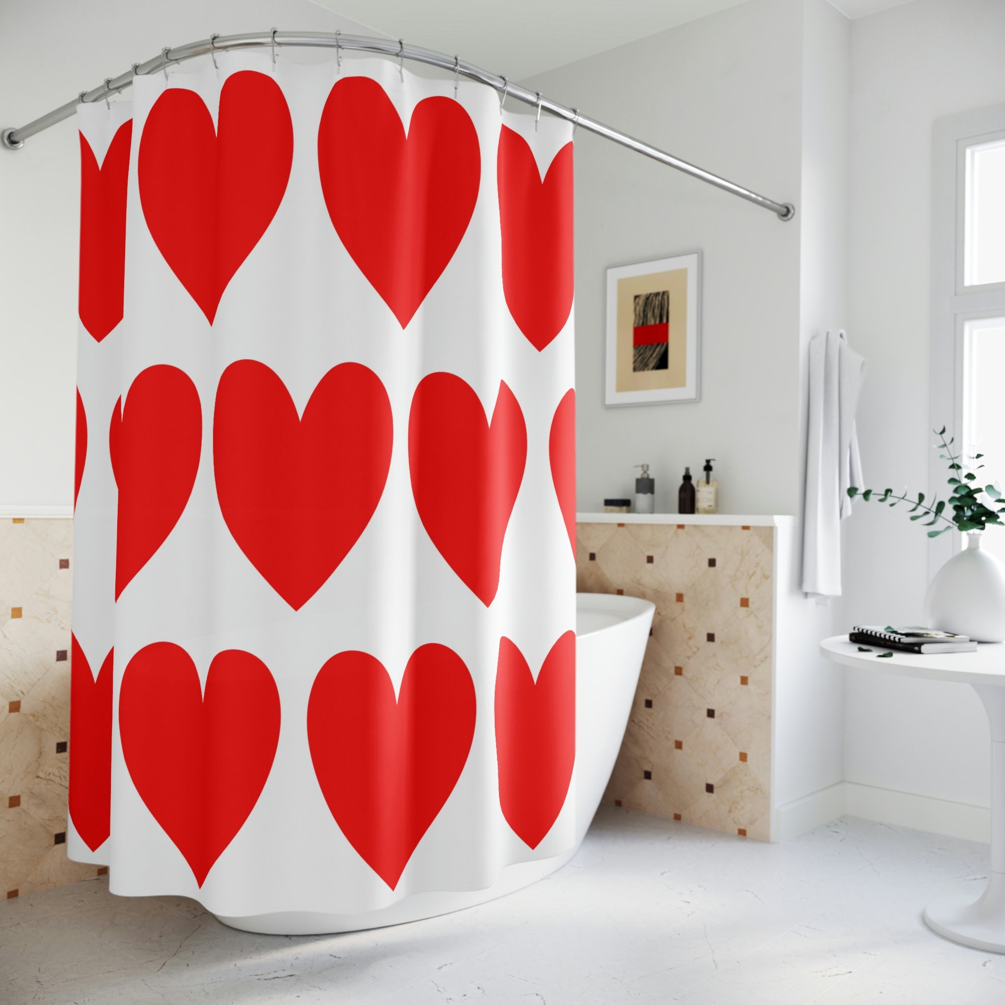 Large Red Heart Shower Curtain - Bold Romantic Bathroom Decor