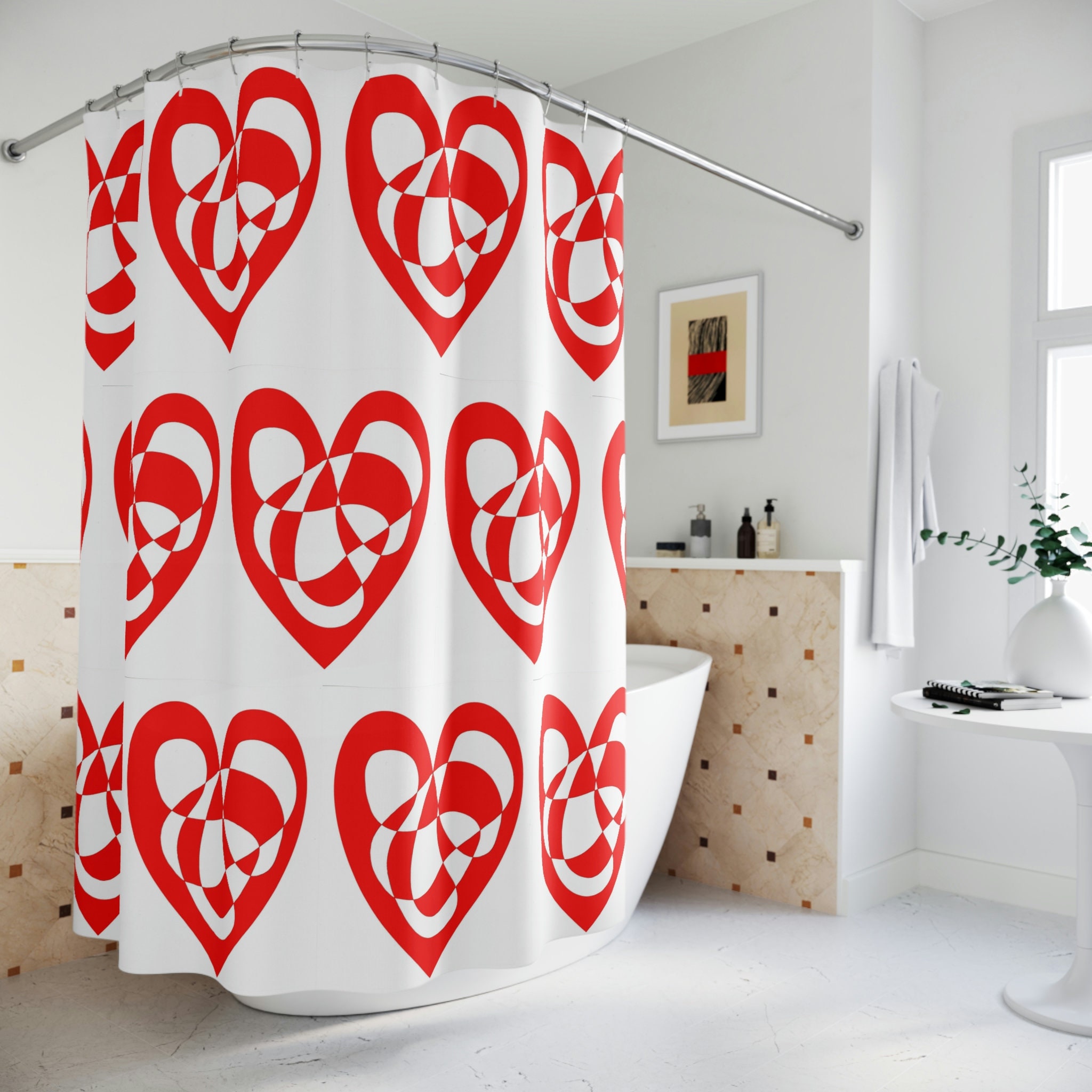 Large Swirls Squiggles Red Heart Shower Curtain - Romantic Bathroom Decor