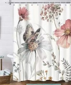 Large White Wildflowers Printed Mildew-Proof Shower Curtain with Hooks