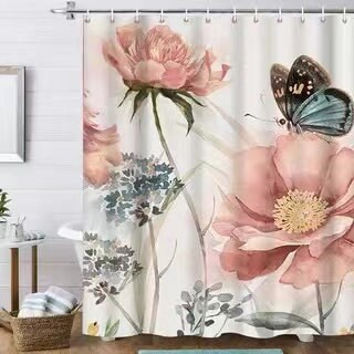 Large Wildflowers & Butterfly Printed Mildew-Proof Shower Curtain