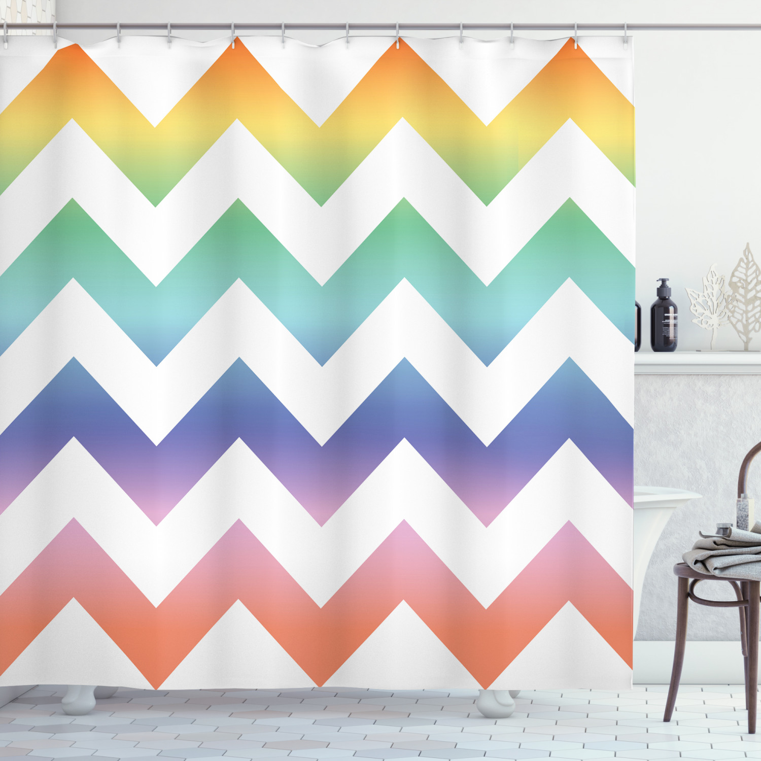 Large Zig Zag Pattern Geometric Pattern Shower Curtain For Modern Bathroom Decor