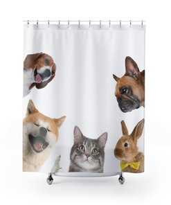 Laughing Pet Shower Curtain with Dogs, Cats, and Bunny Funny Design for Kids Bathroom
