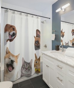 Laughing Pet Shower Curtain with Dogs, Cats, and Bunny Funny Design for Kids Bathroom
