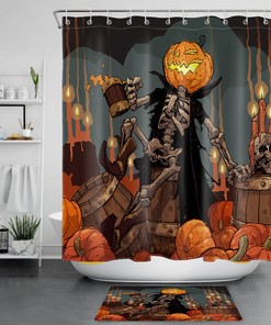 Laughing Skull And Skeletons Lantern On Pumpkin Halloween Shower Curtain