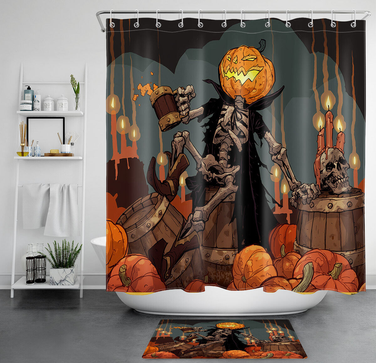Laughing Skull And Skeletons Lantern On Pumpkin Halloween Shower Curtain