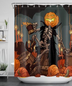 Laughing Skull And Skeletons Lantern On Pumpkin Halloween Shower Curtain