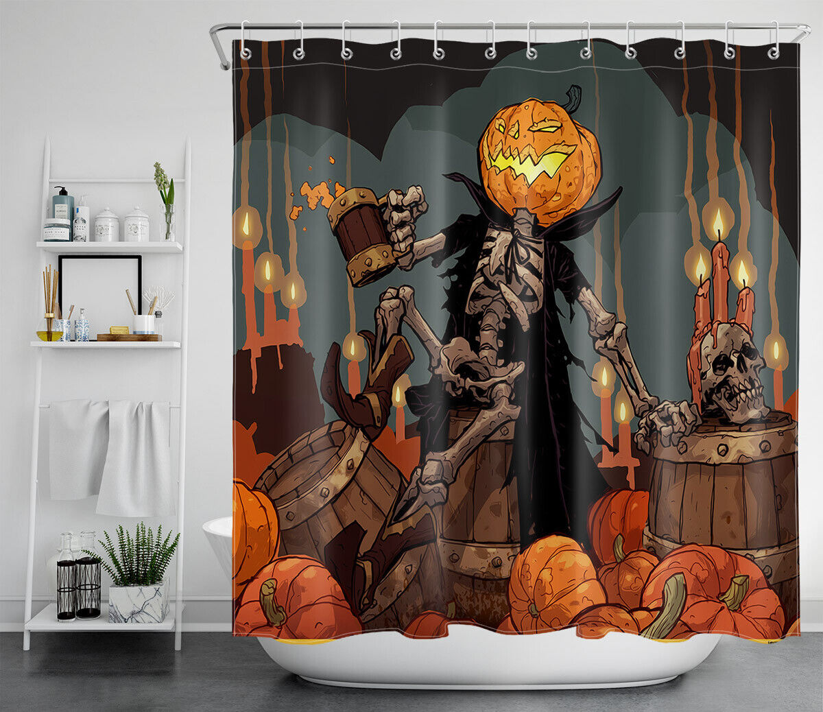 Laughing Skull And Skeletons Lantern On Pumpkin Halloween Shower Curtain