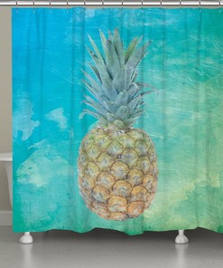 Laural Home Blue Hawaiian Pineapple Shower Curtain for Tropical-Themed Bathroom