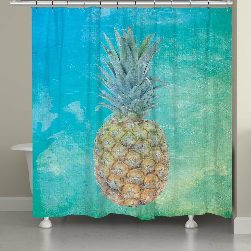 Laural Home Blue Hawaiian Pineapple Shower Curtain for Tropical-Themed Bathroom