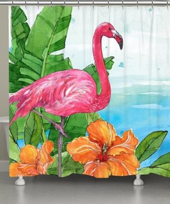 Laural Home Flamingo in The Tropics Shower Curtain with Pink Flamingo Design