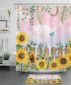 Lavender Eucalyptus Leaf Sunflower on Pink Shower Curtain with Botanical Design for Bathroom Decor