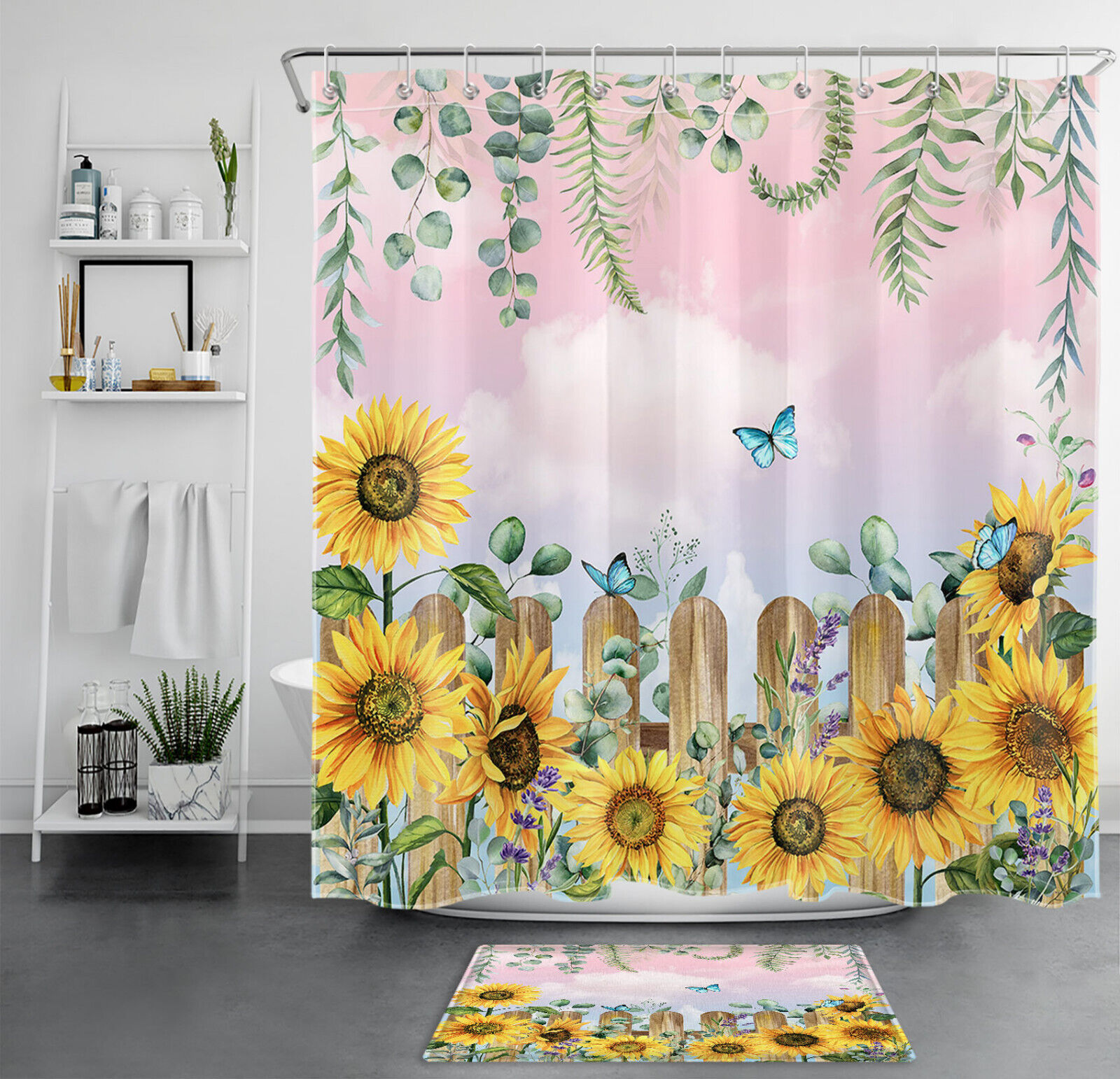 Lavender Eucalyptus Leaf Sunflower on Pink Shower Curtain with Botanical Design for Bathroom Decor