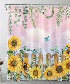 Lavender Eucalyptus Leaf Sunflower on Pink Shower Curtain with Botanical Design for Bathroom Decor