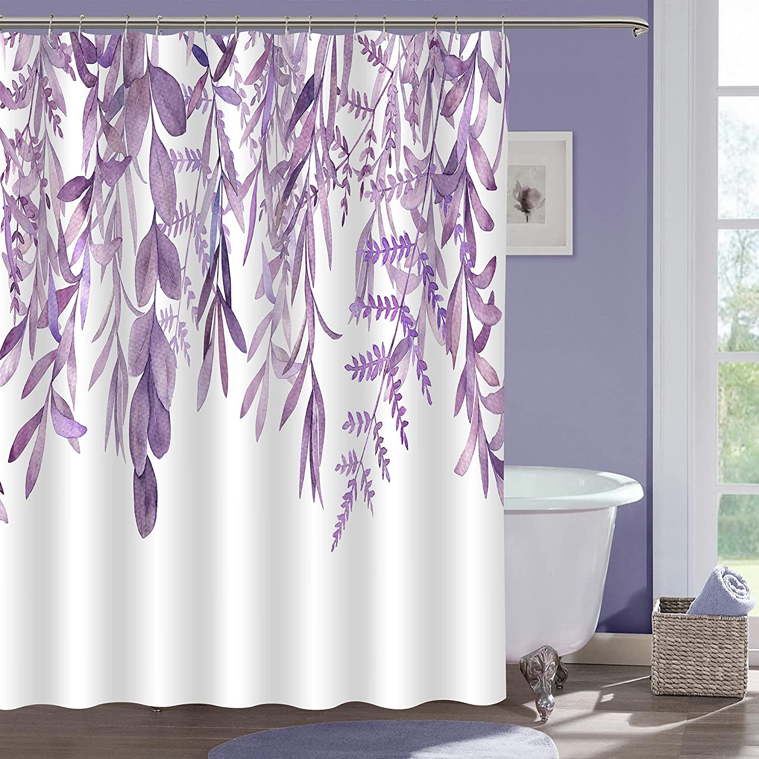 Lavender Eucalyptus Plant Shower Curtain, Purple Watercolor Floral Botanical Nature Aesthetic Bathroom Decor