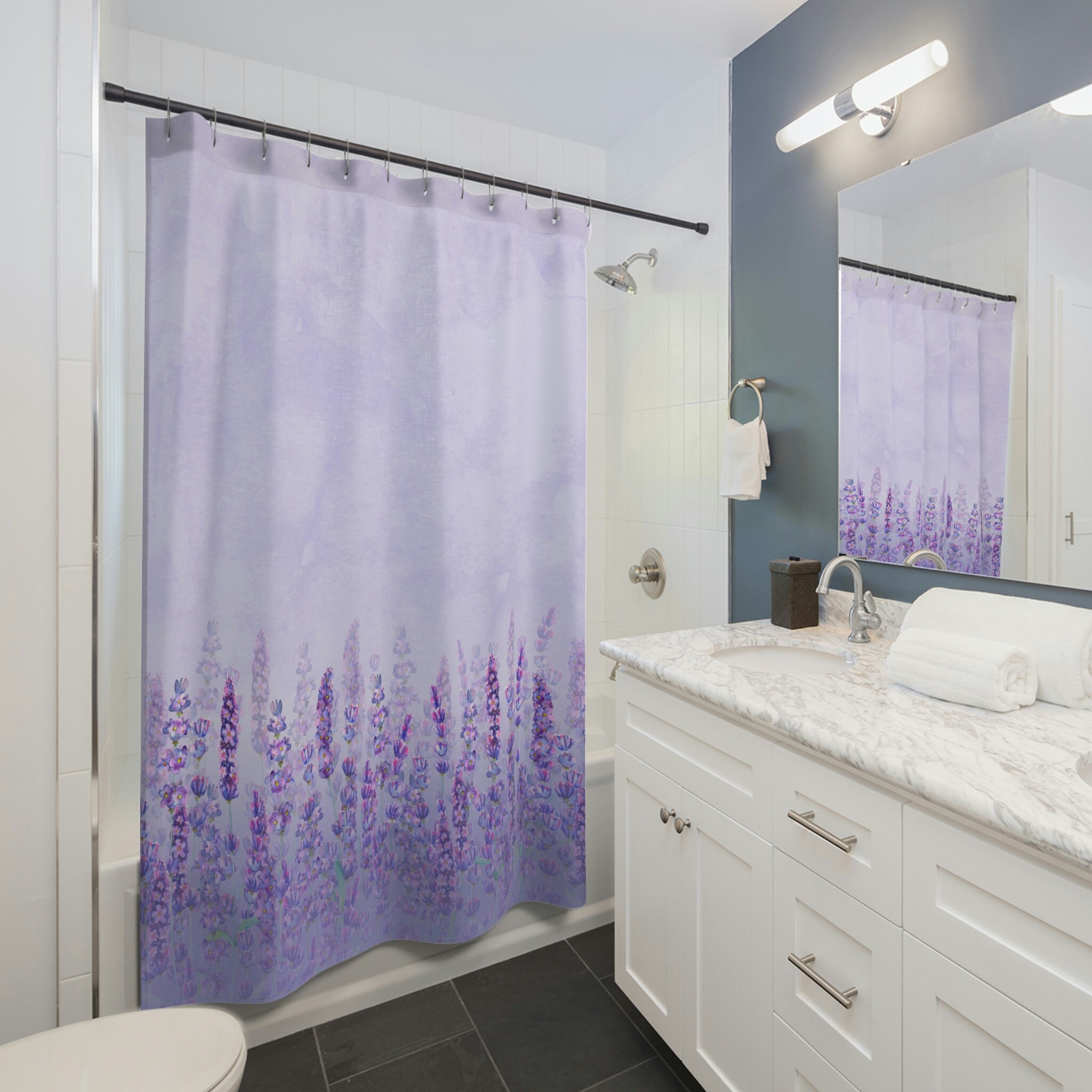 Lavender Fields Print Shower Curtain for Floral Bathroom Decor