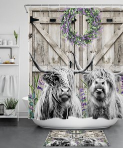 Lavender Highland Cow on Rustic Wood Barn Shower Curtain with Country-themed Bathroom Decor