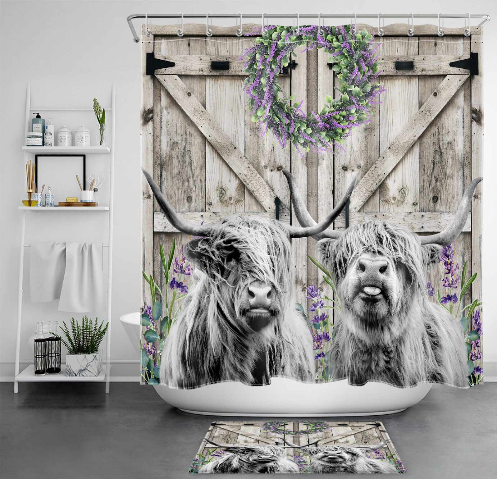 Lavender Highland Cow on Rustic Wood Barn Shower Curtain with Country-themed Bathroom Decor