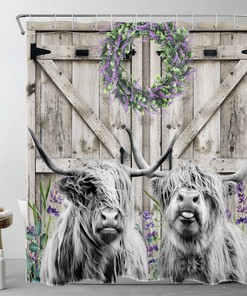 Lavender Highland Cow on Rustic Wood Barn Shower Curtain with Country-themed Bathroom Decor
