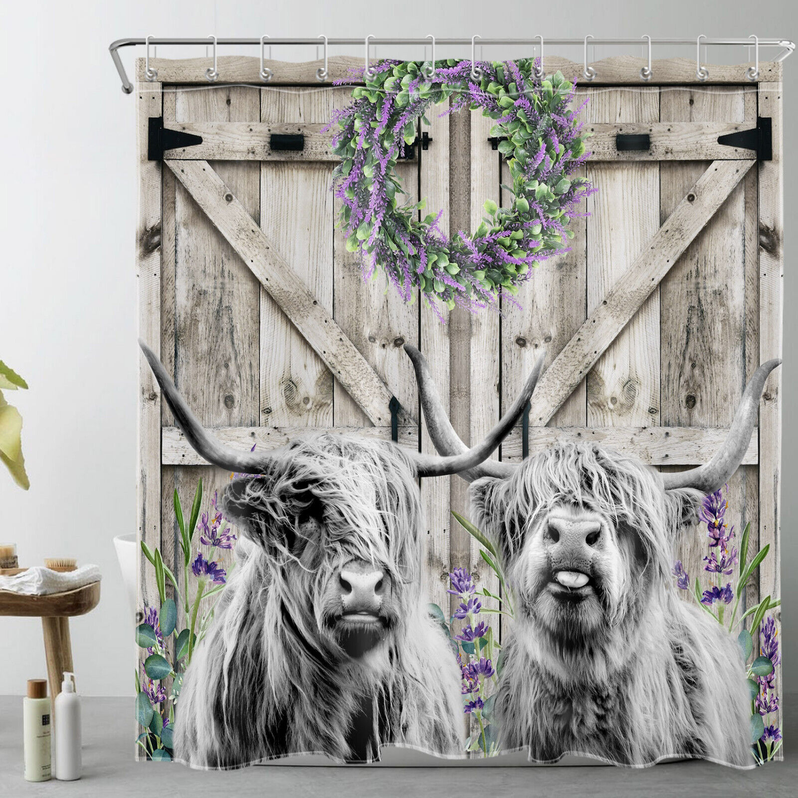 Lavender Highland Cow on Rustic Wood Barn Shower Curtain with Country-themed Bathroom Decor