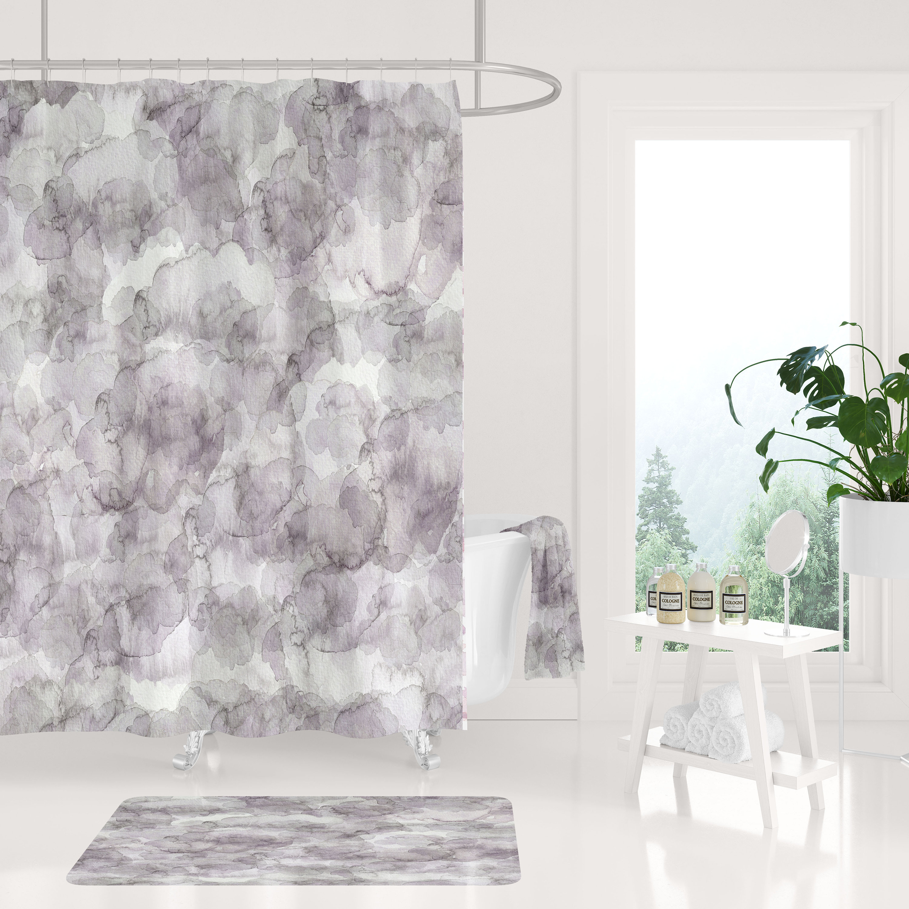 Lavender Ombre Watercolor Boho Shower Curtain With Modern Abstract Art And Clouds Print