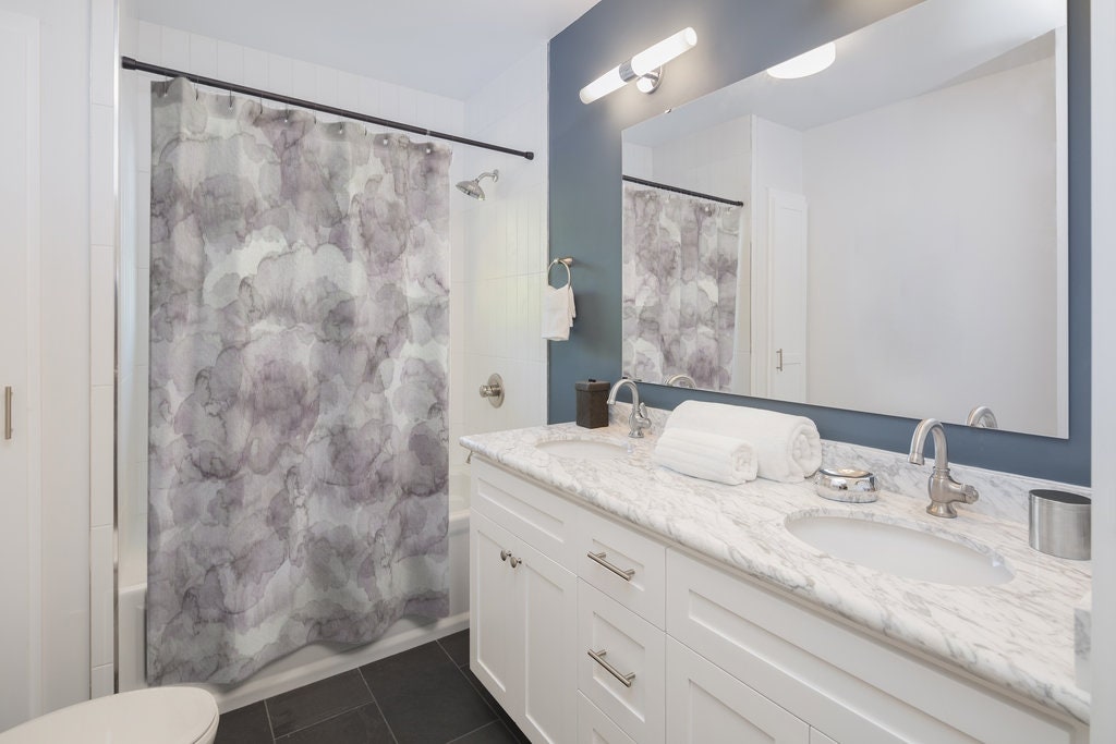 Lavender Ombre Watercolor Boho Shower Curtain With Modern Abstract Art And Clouds Print - Image 2