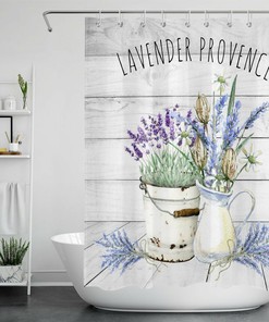 Lavender Provence Shower Curtain with Rustic Wood Board Design for Farmhouse and Rustic Bathrooms