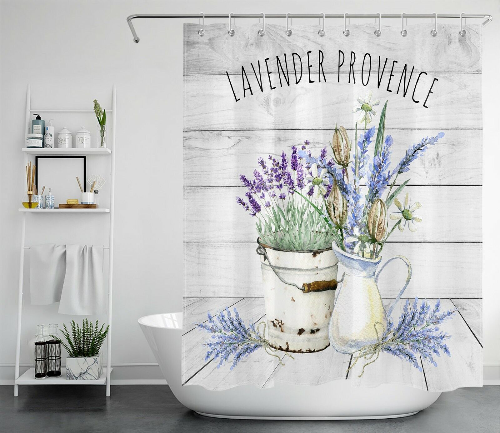 Lavender Provence Shower Curtain with Rustic Wood Board Design for Farmhouse and Rustic Bathrooms