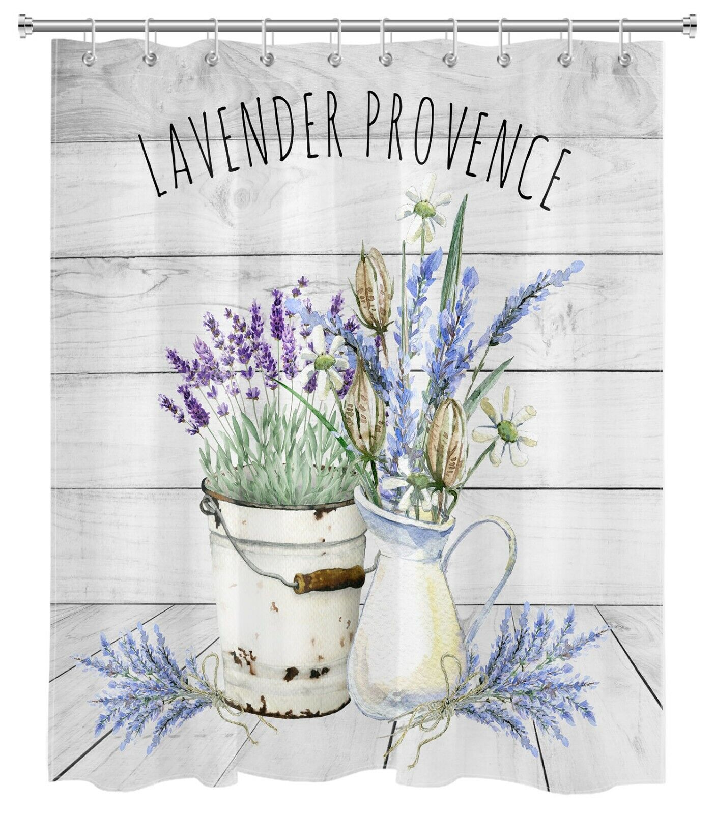 Lavender Provence Shower Curtain with Rustic Wood Board Design for Farmhouse and Rustic Bathrooms