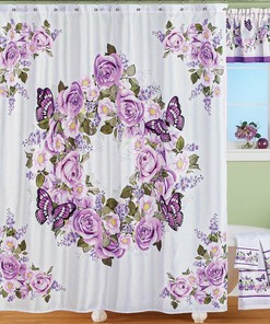 Lavender Roses Floral Butterfly Wreath Fabric Shower Curtain with Elegant and Vintage Design