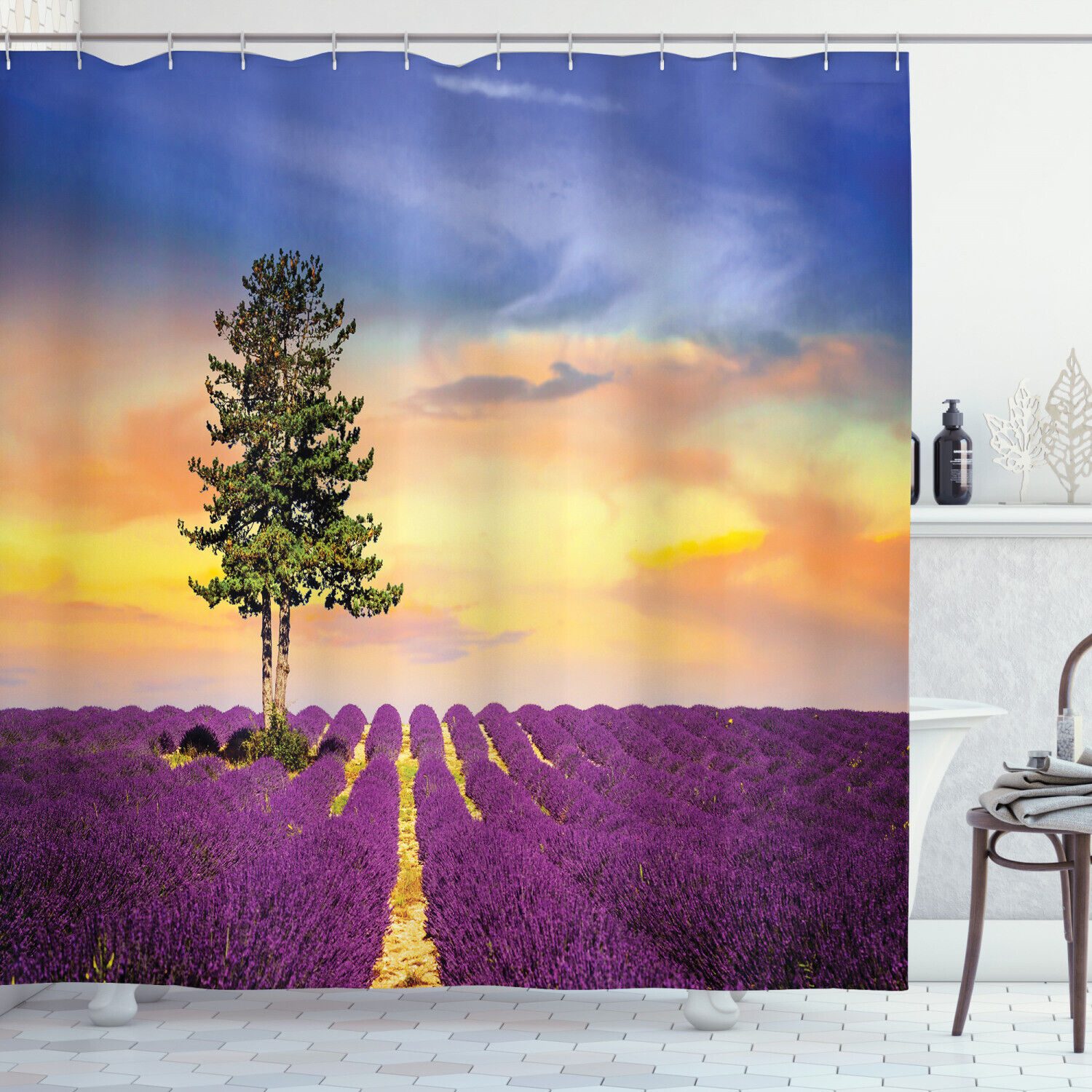 Lavender Shower Curtain French Countryside Print with Lovely Nature-Themed Design