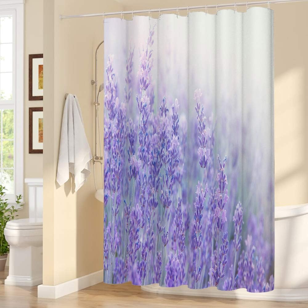 Lavender Shower Curtain With Flowers At Sunlight, Purple Floral Wedding Design, Print Cloth Fabric Bathroom Decor