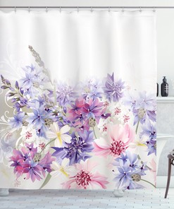 Lavender Shower Curtain with Pink and Purple Flowers Print for a Romantic and Dreamy Bathroom