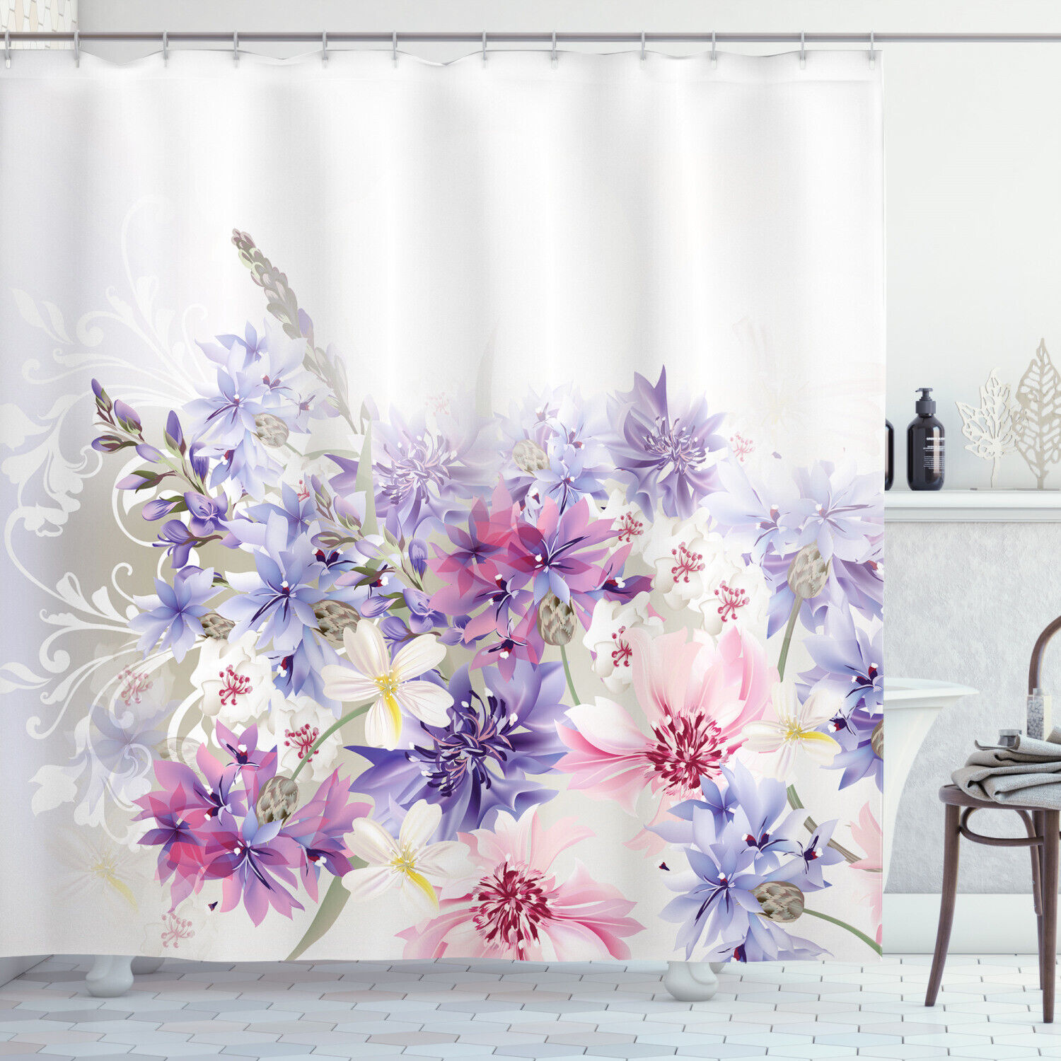 Lavender Shower Curtain with Pink and Purple Flowers Print for a Romantic and Dreamy Bathroom