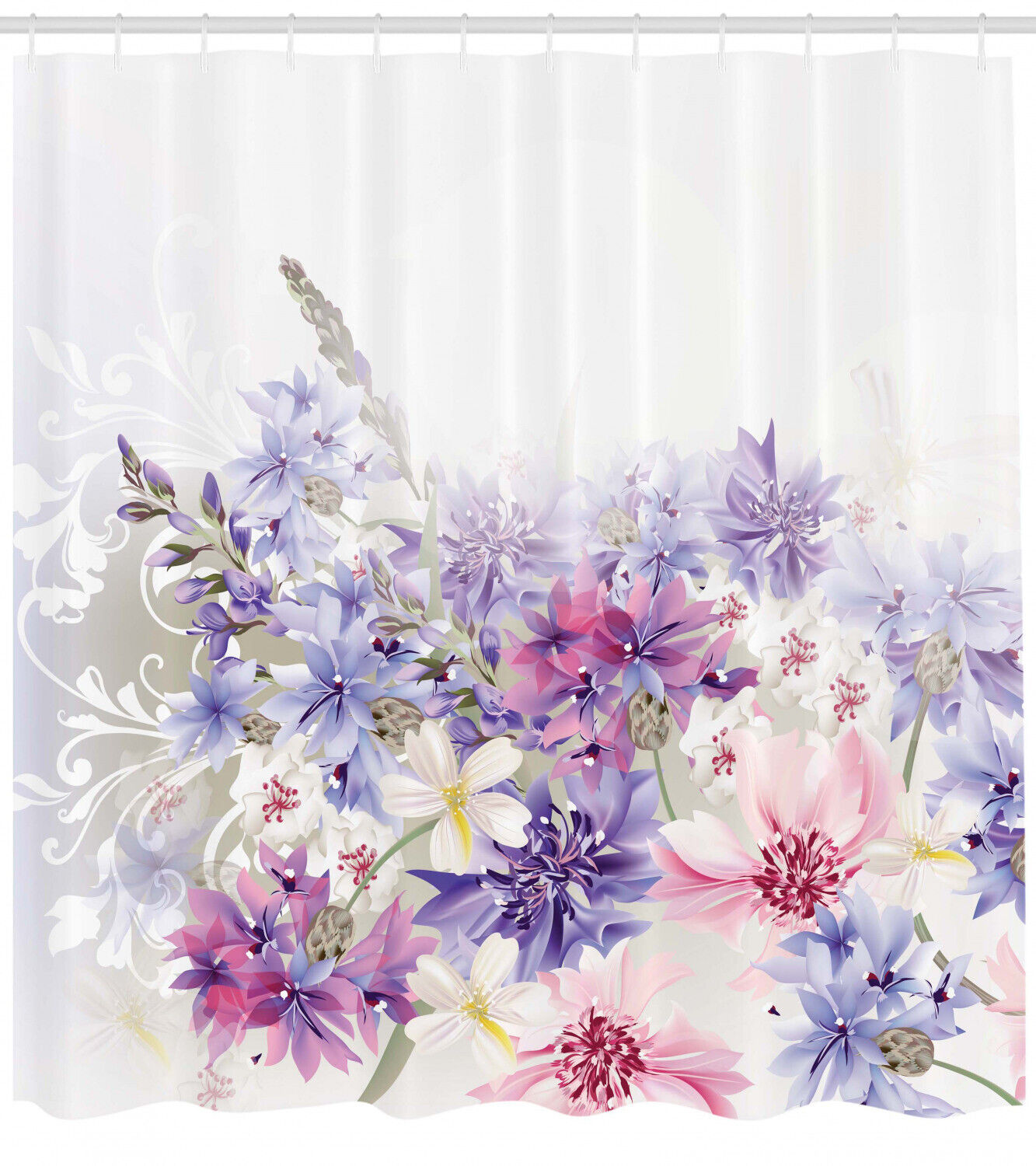 Lavender Shower Curtain with Pink and Purple Flowers Print for a Romantic and Dreamy Bathroom
