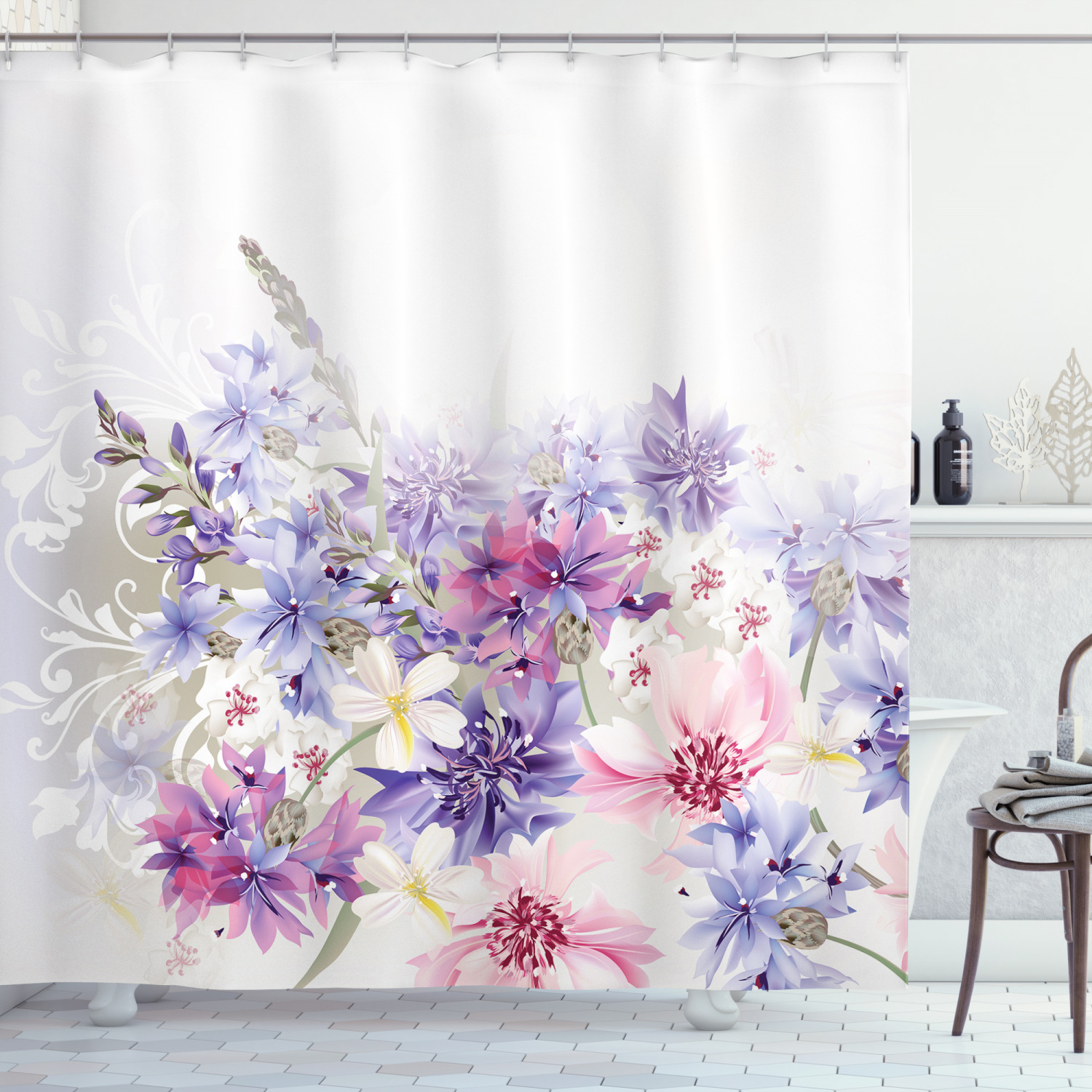 Lavender Shower Curtain with Pink and Purple Flowers Print for a Romantic and Dreamy Bathroom